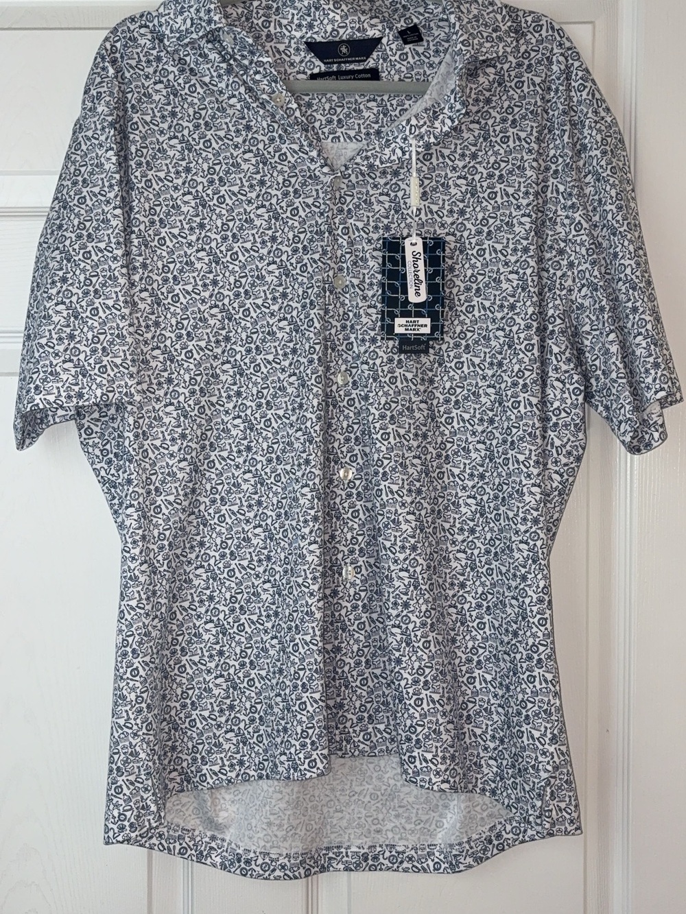 Hart Schaffner Marx Short Sleeve Button-Down Shirt - White and Navy Nautical